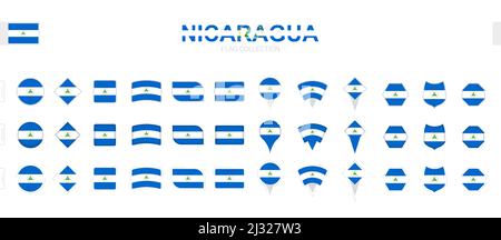Large collection of Nicaragua flags of various shapes and effects. Big set of vector flag. Stock Vector