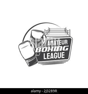 Amateur boxing icon with rink and gloves. Fighting club or sport school badge, boxing league competition monochrome vector sticker or vintage emblem. Boxing sport club or gym retro symbol Stock Vector