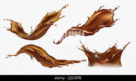 Splash of coffee, cola or tea isolated on transparent background. Vector realistic set of liquid waves of falling and flowing brown drink with drops a Stock Vector