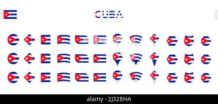 Large collection of Cuba flags of various shapes and effects. Big set of vector flag. Stock Vector