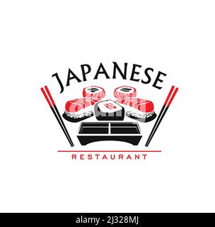 Japanese cuisine restaurant icon, sushi, rolls, soy sauce and sticks. Vector Red and black emblem for asian cafe with traditional meal of Japan seafood with rice, salmon fish and bamboo chopsticks Stock Vector