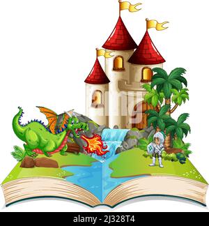 Book with scene of knight and dragon fighting illustration Stock Vector ...