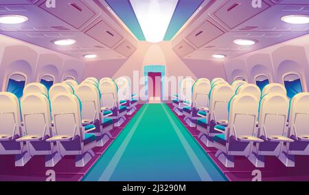 Empty airplane interior, plane salon with chairs and folding back seat tables. Vector cartoon cabin of passenger carriage transport with comfortable s Stock Vector
