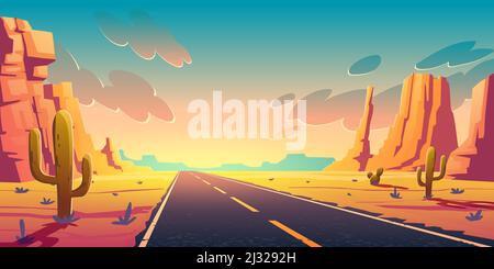 Sunset in desert with road, cactuses and rocks. Vector cartoon landscape of highway in Arizona or Mexico hot sand desert with orange mountains. Summer Stock Vector