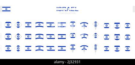 Large collection of Israel flags of various shapes and effects. Big set of vector flag. Stock Vector