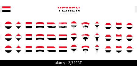 Large collection of Yemen flags of various shapes and effects. Big set of vector flag. Stock Vector