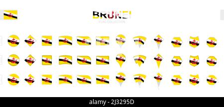 Large collection of Brunei flags of various shapes and effects. Big set of vector flag. Stock Vector