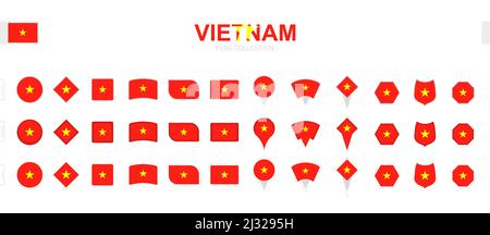 Large collection of Vietnam flags of various shapes and effects. Big set of vector flag. Stock Vector