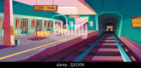 Metro station, arriving train to empty subway platform from underground tunnel. Vector cartoon illustration of subway interior with ticket vending mac Stock Vector