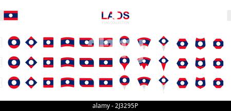 Large collection of Laos flags of various shapes and effects. Big set of vector flag. Stock Vector