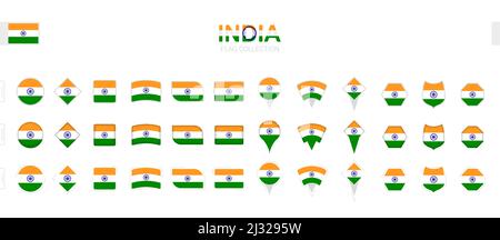 Large collection of India flags of various shapes and effects. Big set of vector flag. Stock Vector