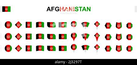 Large collection of Afghanistan flags of various shapes and effects. Big set of vector flag. Stock Vector