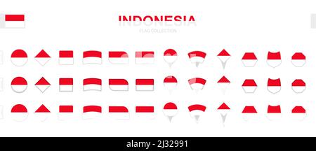 Large collection of Indonesia flags of various shapes and effects. Big set of vector flag. Stock Vector