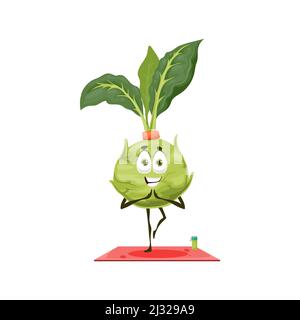 Cartoon cabbage turnip stretching on mat isolated funny kids character yoga fitness. Vector Kohlrabi vegetable healthy vegetarian food with happy smiling face on sport workout. Sportive german cabbage Stock Vector