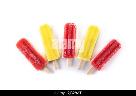 Strawberry and lemon popsicles isolated on white background Stock Photo