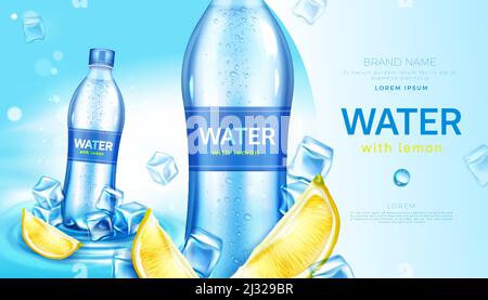 Mineral water with lemon in plastic bottle. Vector realistic brand poster with cold drinking aqua with lime juice on wavy water surface and ice cubes. Stock Vector