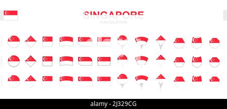 Large collection of Singapore flags of various shapes and effects. Big set of vector flag. Stock Vector