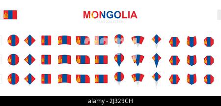 Large collection of Mongolia flags of various shapes and effects. Big set of vector flag. Stock Vector
