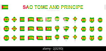 Large collection of Sao Tome and Principe flags of various shapes and effects. Big set of vector flag. Stock Vector