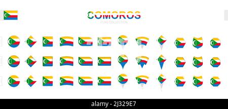 Large collection of Comoros flags of various shapes and effects. Big set of vector flag. Stock Vector