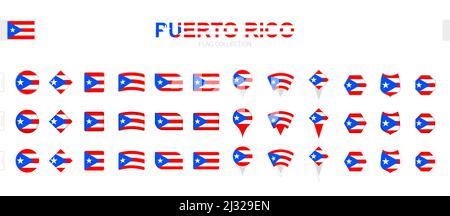 Large collection of Puerto Rico flags of various shapes and effects. Big set of vector flag. Stock Vector