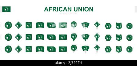 Large collection of African Union flags of various shapes and effects. Big set of vector flag. Stock Vector