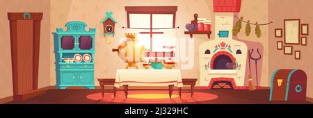 Interior of old russian kitchen, ukrainian ancient rural house with oven, samovar and chest. Vector cartoon illustration of empty wooden room with tra Stock Vector