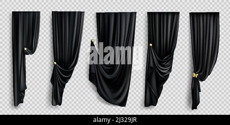 Black window curtains set, folded cloth for interior decoration isolated on transparent background. Soft lightweight clear material, fabric drapery of Stock Vector