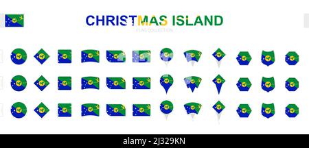 Large collection of Christmas Island flags of various shapes and effects. Big set of vector flag. Stock Vector