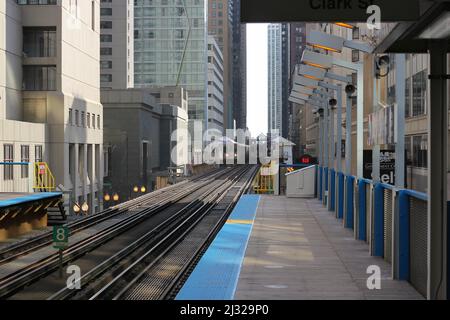 A typical downtown train platform of the CTA public transportation system. Stock Photo