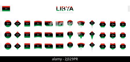 Large collection of Libya flags of various shapes and effects. Big set of vector flag. Stock Vector