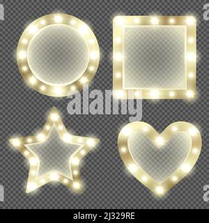Makeup mirror in gold frame with light bulbs. Vector realistic round, square, heart and star shape mirrors for theater actors or fashion model dressin Stock Vector