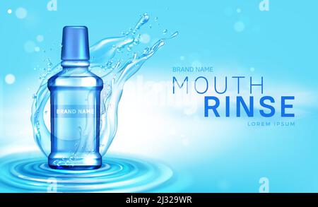 Mouth rinse bottle in water splash. Vector realistic brand poster with cosmetic product for dental care, mouthwash in clear blue bottle on wavy water Stock Vector