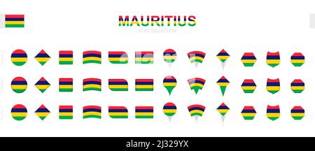 Large collection of Mauritius flags of various shapes and effects. Big set of vector flag. Stock Vector