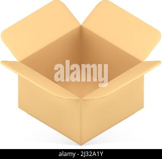 Open empty diagonally placed cardboard box putting goods and personal ...