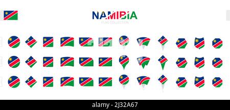 Large collection of Namibia flags of various shapes and effects. Big set of vector flag. Stock Vector
