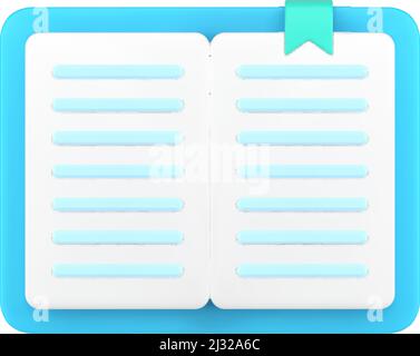 Realistic 3d icon open blue paper book bookmark, education textbook, dictionary isometric vector illustration. Business notebook pad writing text remi Stock Vector