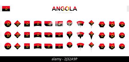 Large collection of Angola flags of various shapes and effects. Big set of vector flag. Stock Vector