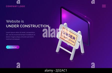 Website under construction, maintenance work or error page isometric concept vector illustration. Computer monitor and warning road traffic sign, purp Stock Vector
