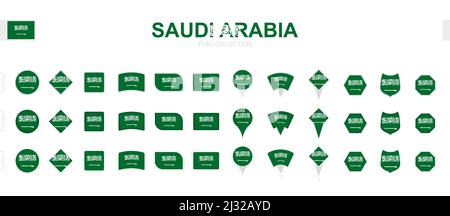 Large collection of Saudi Arabia flags of various shapes and effects. Big set of vector flag. Stock Vector