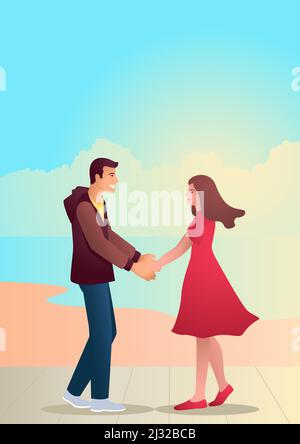 Couple holding hands at the sidewalk near the beach, simple vector illustration for Valentine day Stock Vector