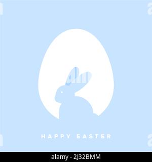Happy Easter. Minimalist bunny inside an white Easter egg. Pale blue color. For greeting card, poster, banner. Vector illustration, flat design Stock Vector