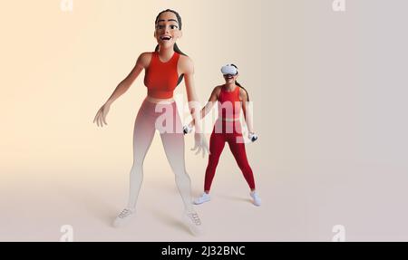Having fun in the metaverse. Happy young woman exploring the metaverse world as a 3D avatar. Cheerful young woman laughing and enjoying a virtual real Stock Photo
