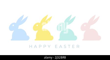Happy Easter. Minimalist bunnies. Pastel colors. For greeting card, poster, banner. Horizontal format. Vector illustration, flat design Stock Vector