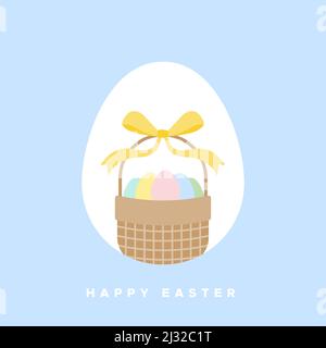 Happy Easter. Wicker basket with Easter eggs and decoration. Pastel colors. For greeting card, poster, banner. Vector illustration, flat design Stock Vector