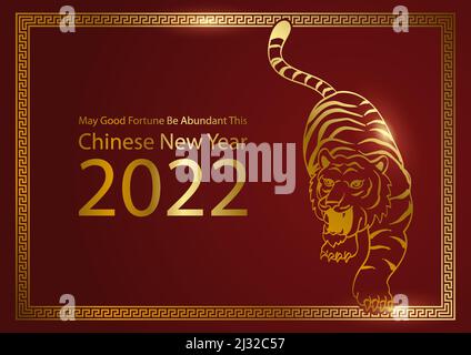 Decorative golden frame with oriental ornament and golden tiger line art, Chinese New Year greeting card theme Stock Vector