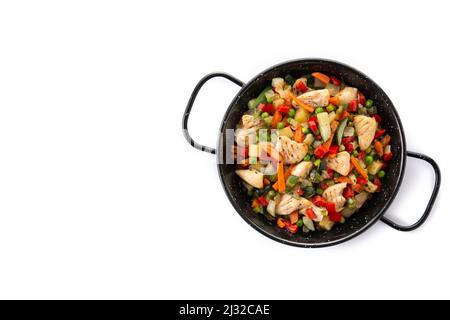 Chicken stir fry and vegetables isolated on white background Stock Photo