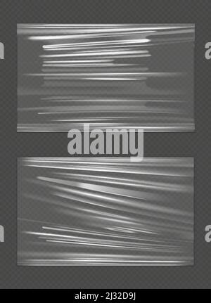 Stretched cellophane banner, realistic crumpled or folded texture vector illustration. Clear transparent polyethylene top of plastic container, tape o Stock Vector