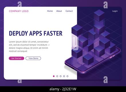 Deploy apps faster isometric landing page. Application containerization and modular software development with square blocks on mobile phone screen, bl Stock Vector