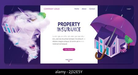 Property insurance isometric landing page. Real estate building stand under huge umbrella, crashed house inside of tornado twister. Home accident prot Stock Vector